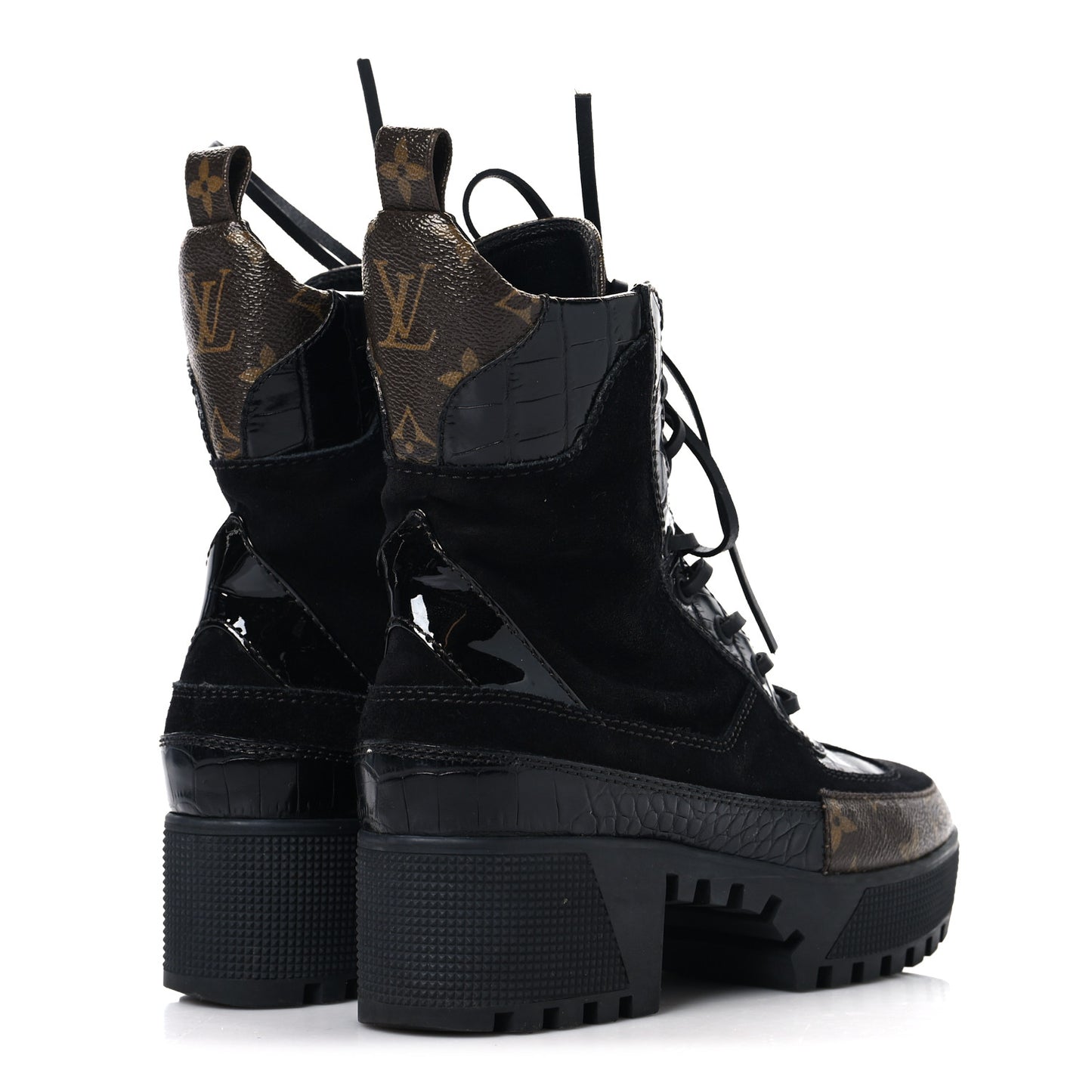 Suede Crocodile Embossed Calfskin Monogram Laureate Platform Desert Boots 36 Black