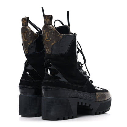 Louis Vuitton Suede Crocodile Embossed Calfskin Monogram Laureate Platform Desert Boots 36 Black 5 of 10