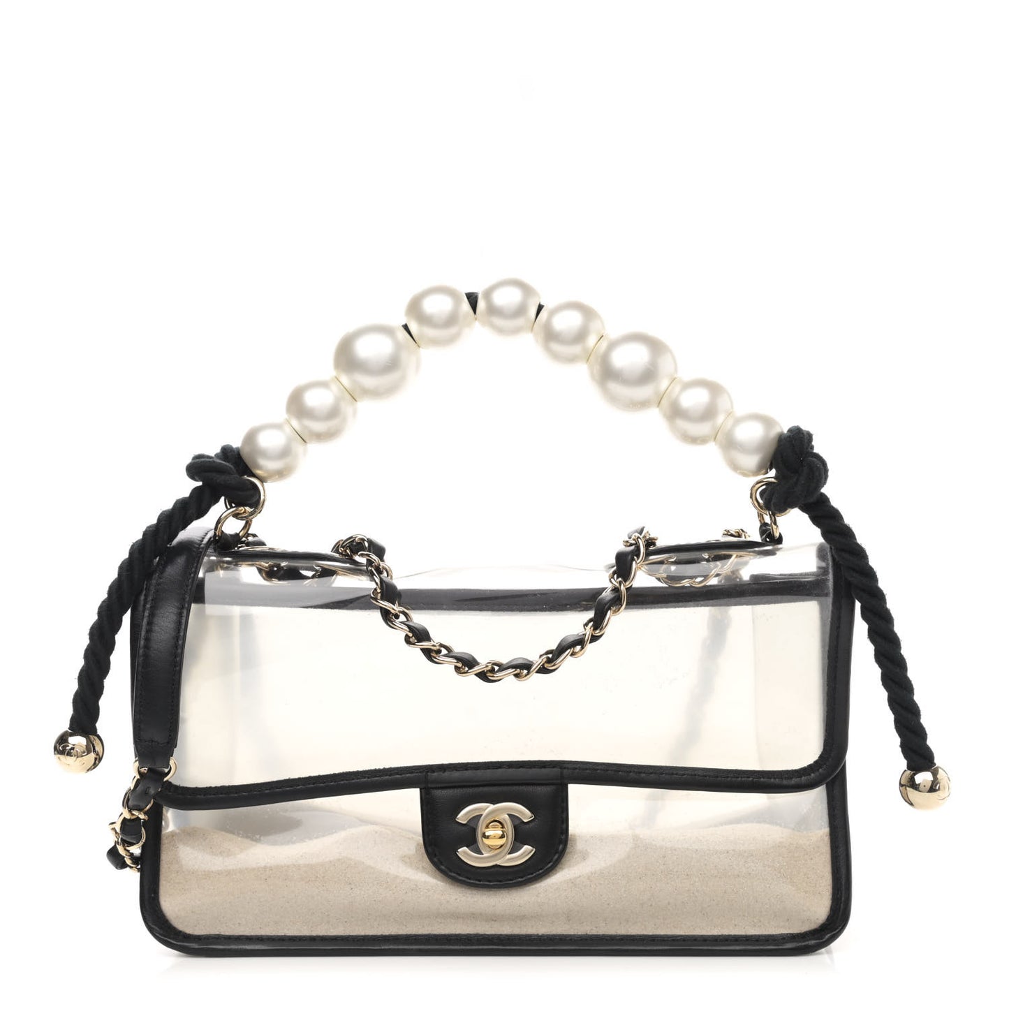 Lambskin PVC Sand By The Sea Flap With Pearl Strap Black