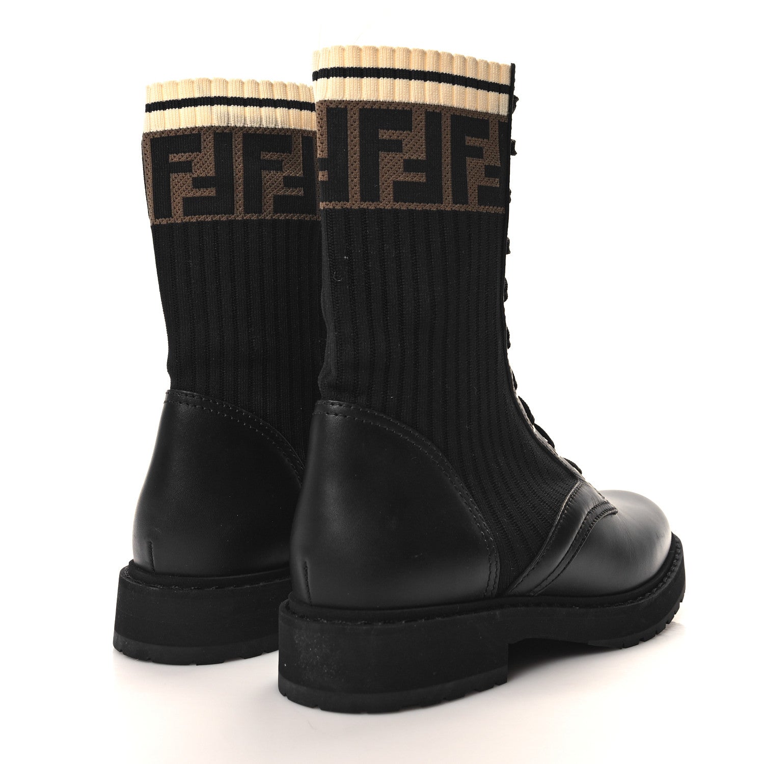 Fendi Calfskin Stretch Fabric Rockoko Biker Boots 38.5 Tobacco Black Marino 4 of 7