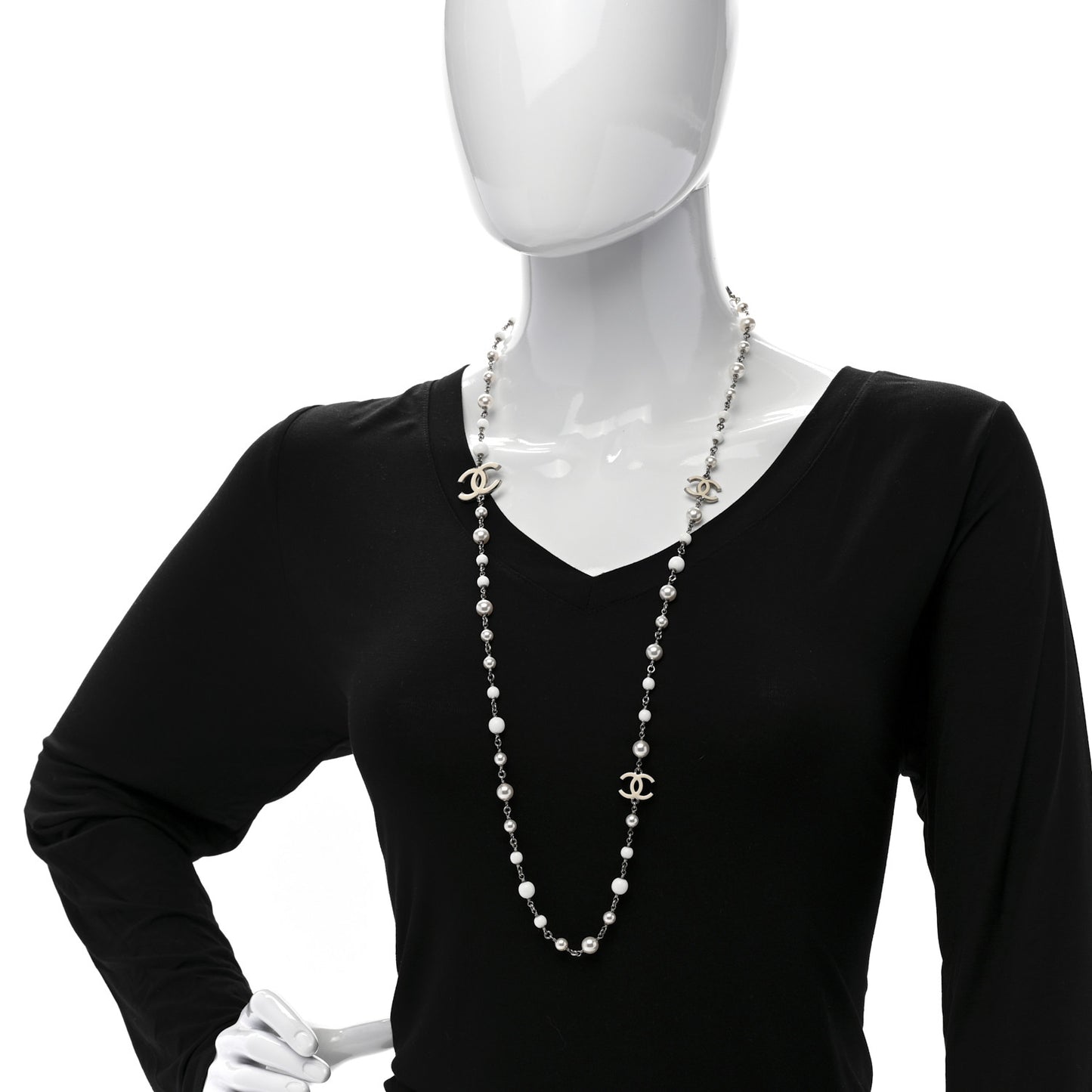 Pearl Beaded Enamel CC Long Necklace White