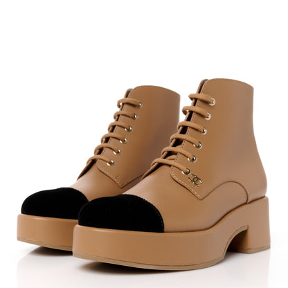 Chanel Calfskin Velvet CC Cap Toe Boots 39.5 Beige Black 3 of 8