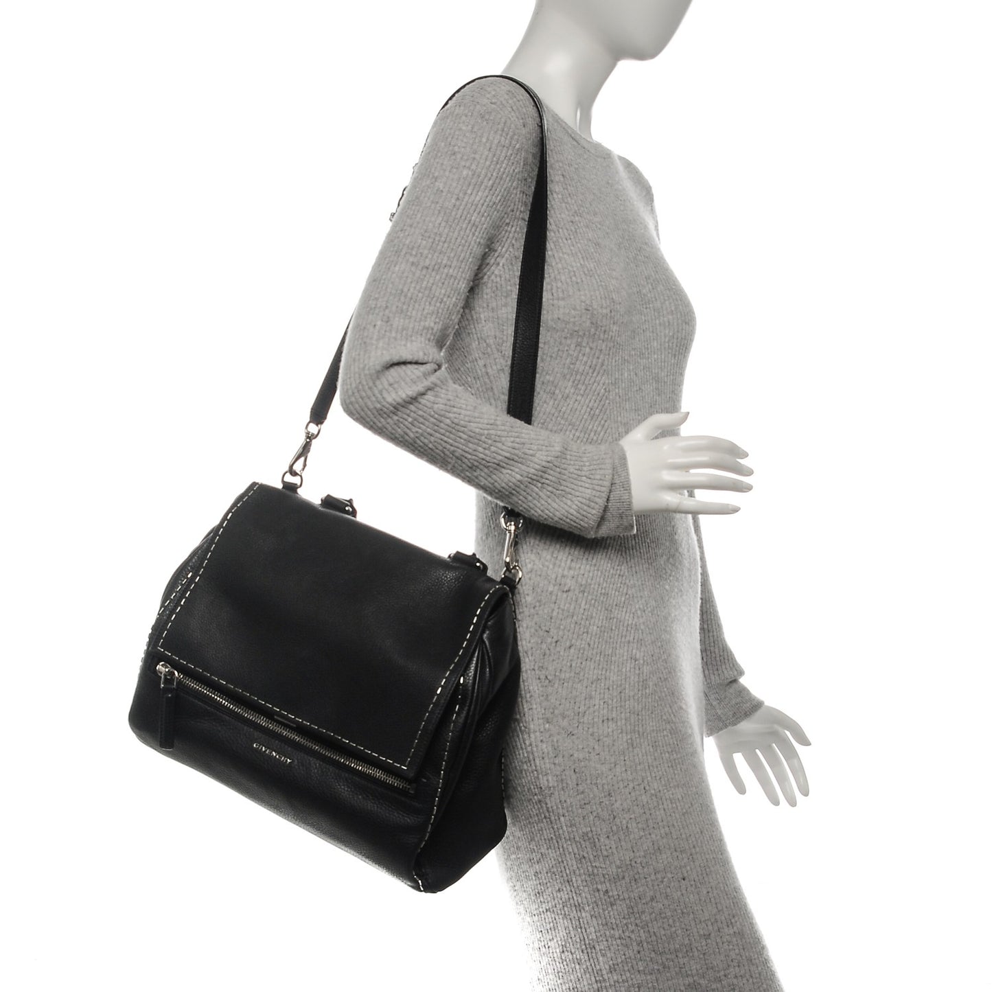 Grained Calfskin Metal Stitch Medium Pandora Pure Flap Bag Black