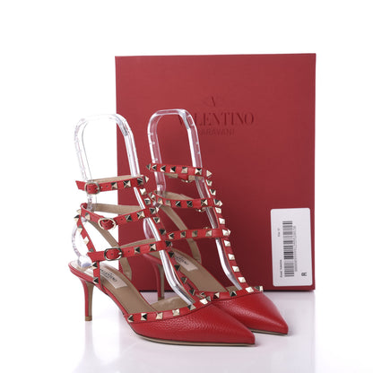 Valentino Garavani Pebbled Calfskin Rockstud Ankle Strap Low Heel Pumps 37 Rosso 9 of 9