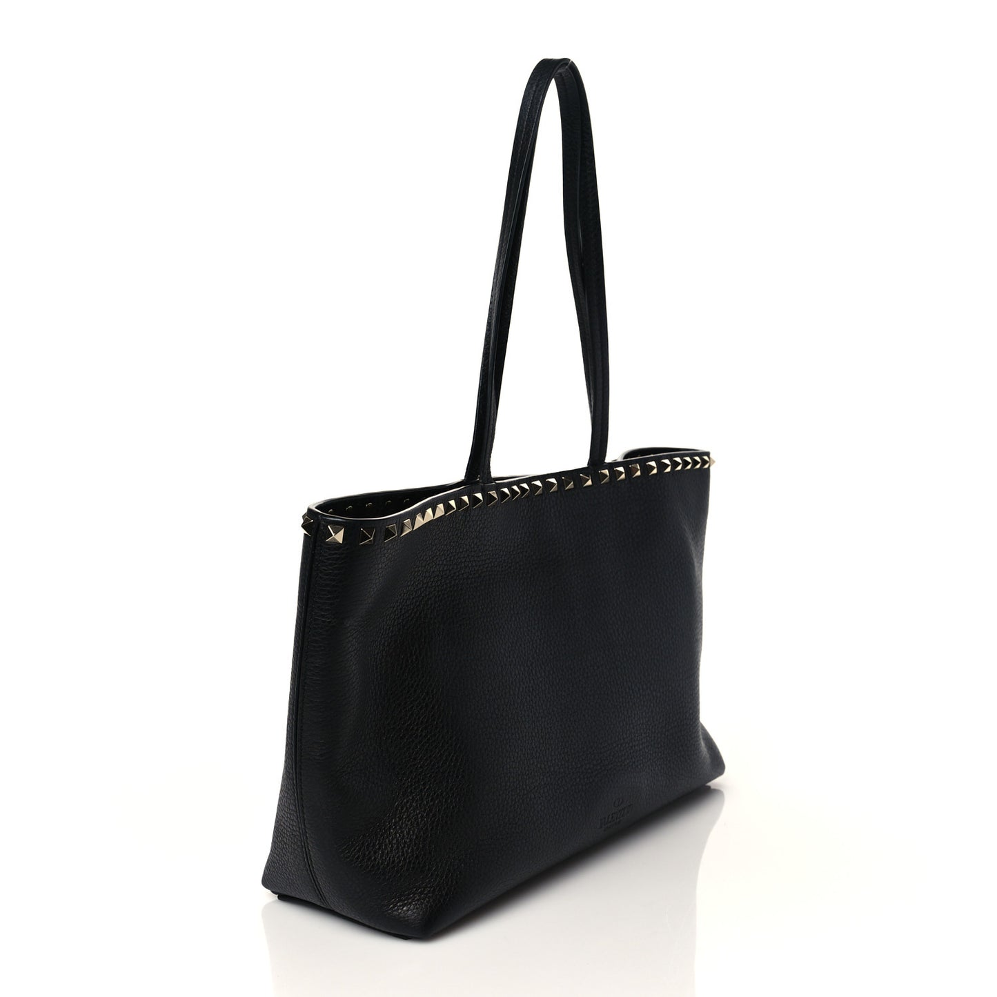Grained Calfskin Small Rockstud Shoulder Tote Black