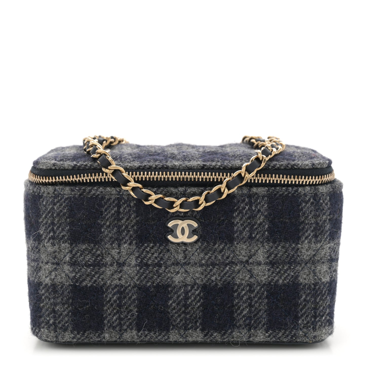 Wool Plaid Quilted Small Vanity Case With Chain Blue