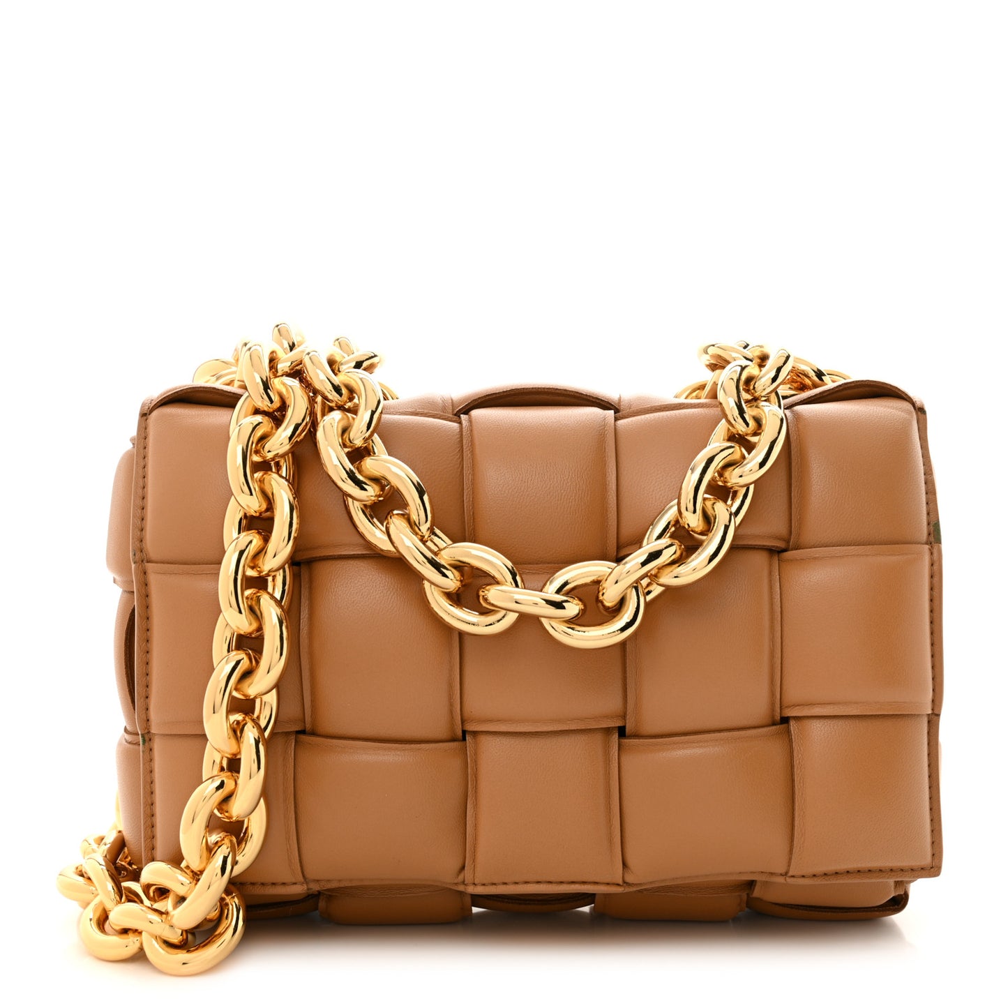 Lambskin Maxi Intreccio Padded Chain Cassette Crossbody Bag Caramel