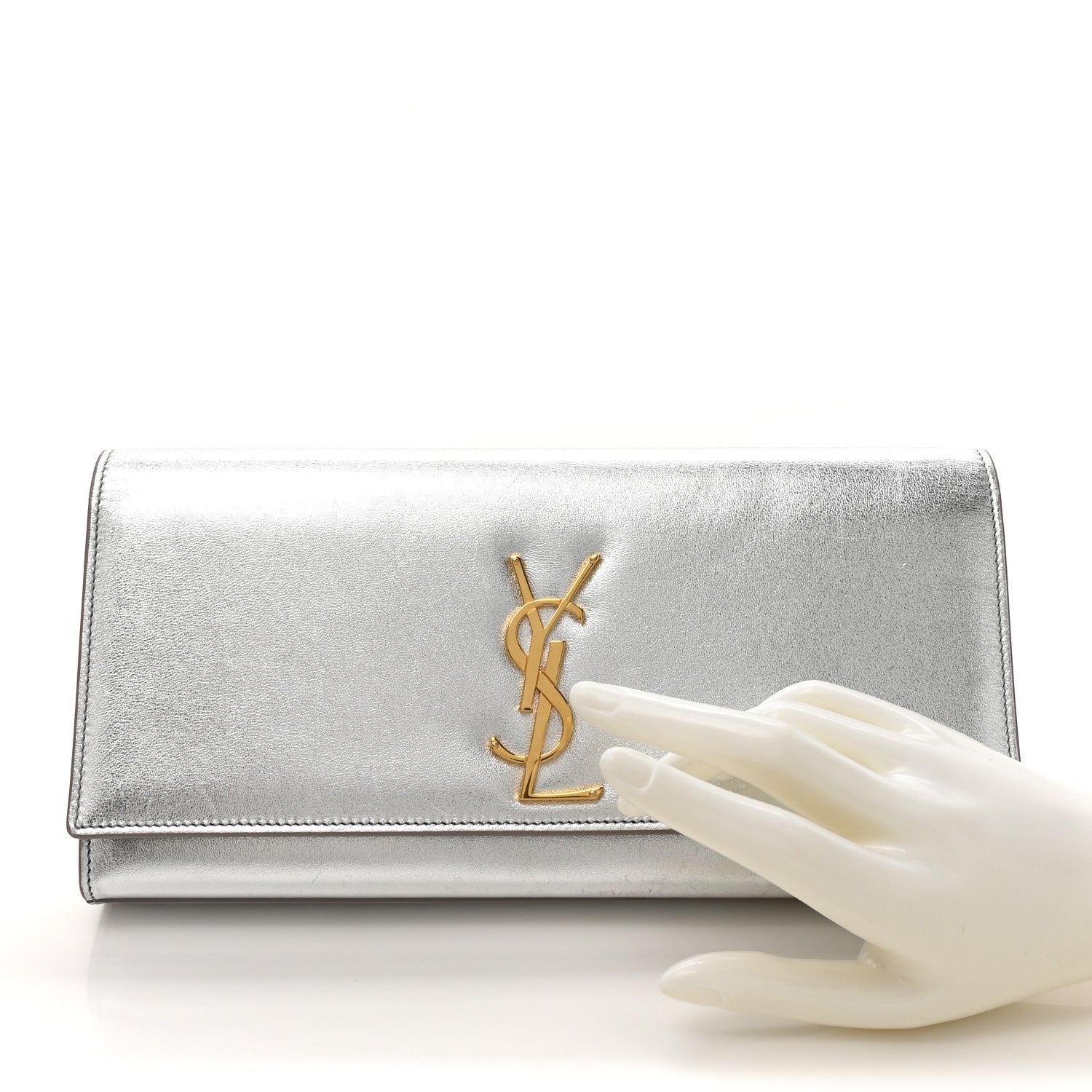 Saint Laurent Textured Metallic Calfskin Classic Monogram Cassandre Clutch Silver 2 of 14