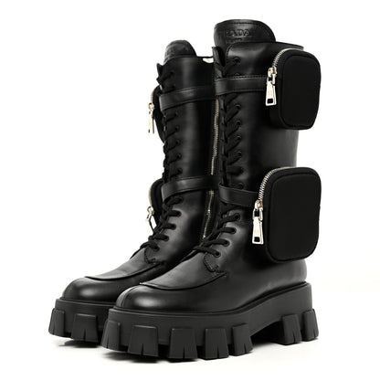 Prada Vitello Lux Nylon Logo Monolith Pouch Pocket 55mm Tall Combat Boots 38 Black 2 of 7