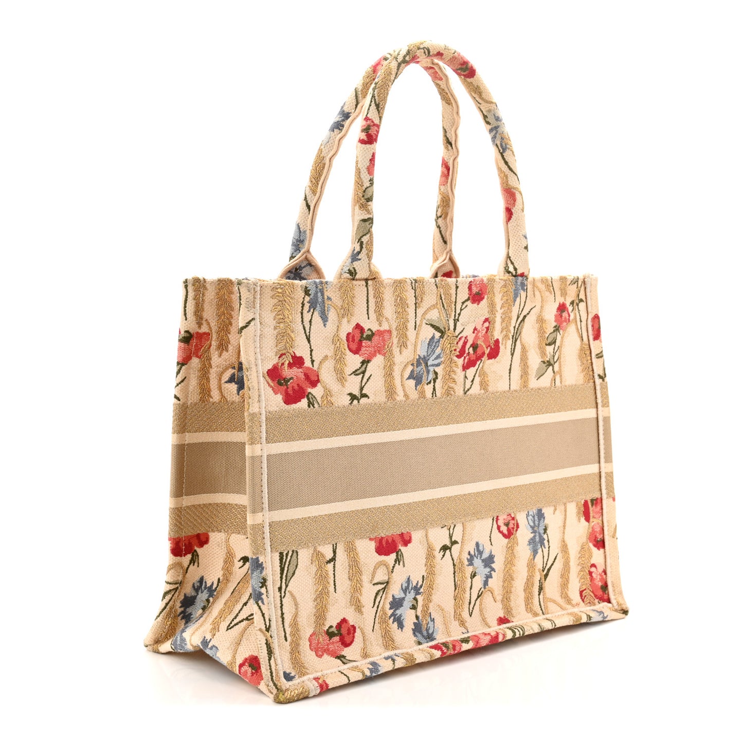 Canvas Embroidered Medium Hibiscus Book Tote Beige Multicolor