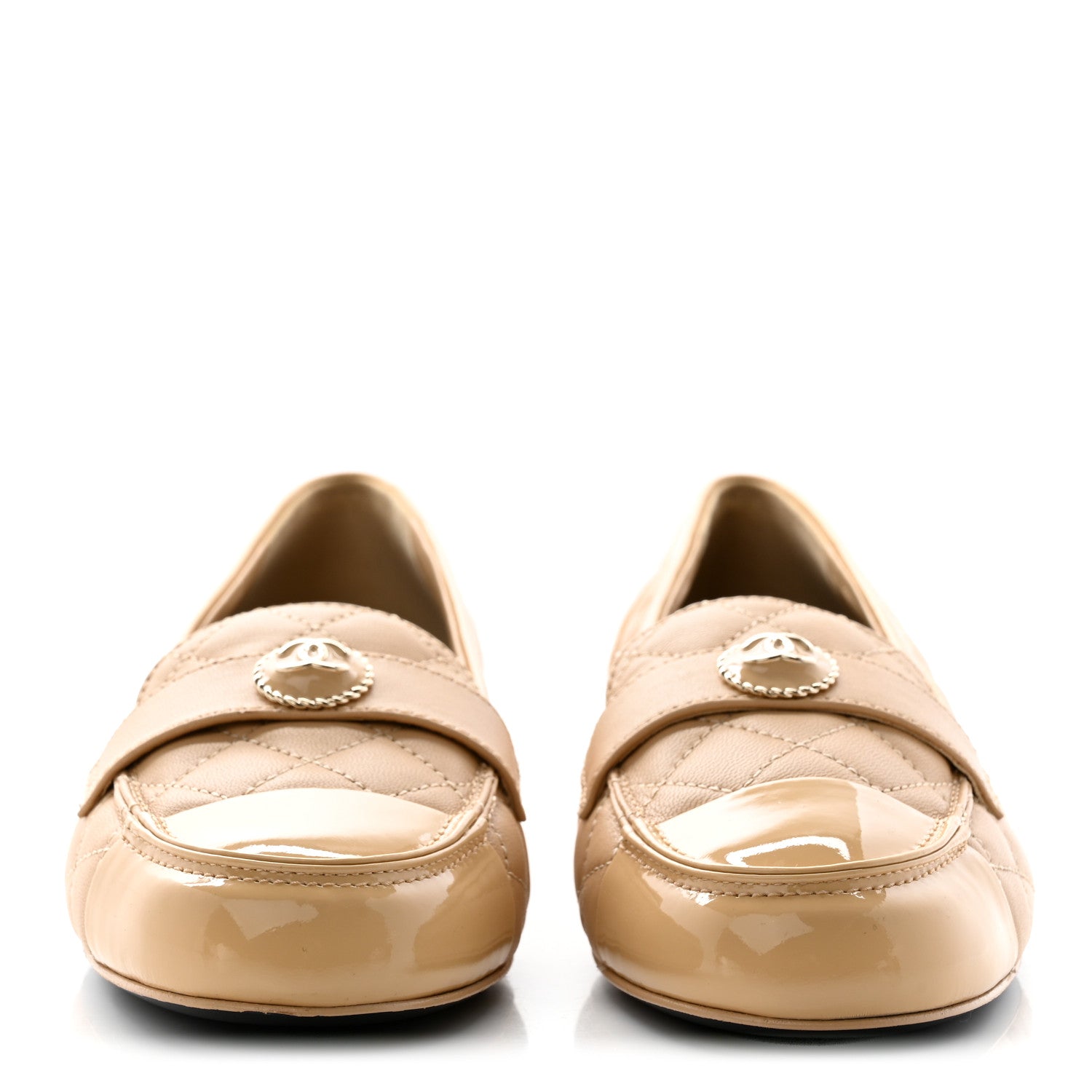 Chanel Lambskin Patent Quilted Womens CC Loafers 38.5 Beige 2 of 8