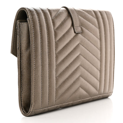 Saint Laurent Grain De Poudre Textured Mixed Matelasse Triquilt Monogram Clutch Piombo 3 of 8
