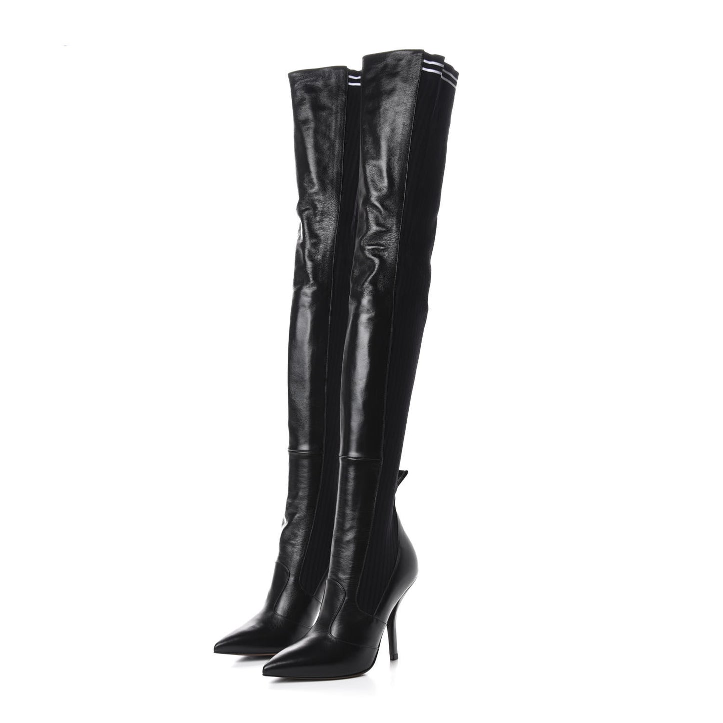 Vitello Lucido Stretch Fabric Striped Rockoko Thigh High 105mm Sock Boots 38.5 Black