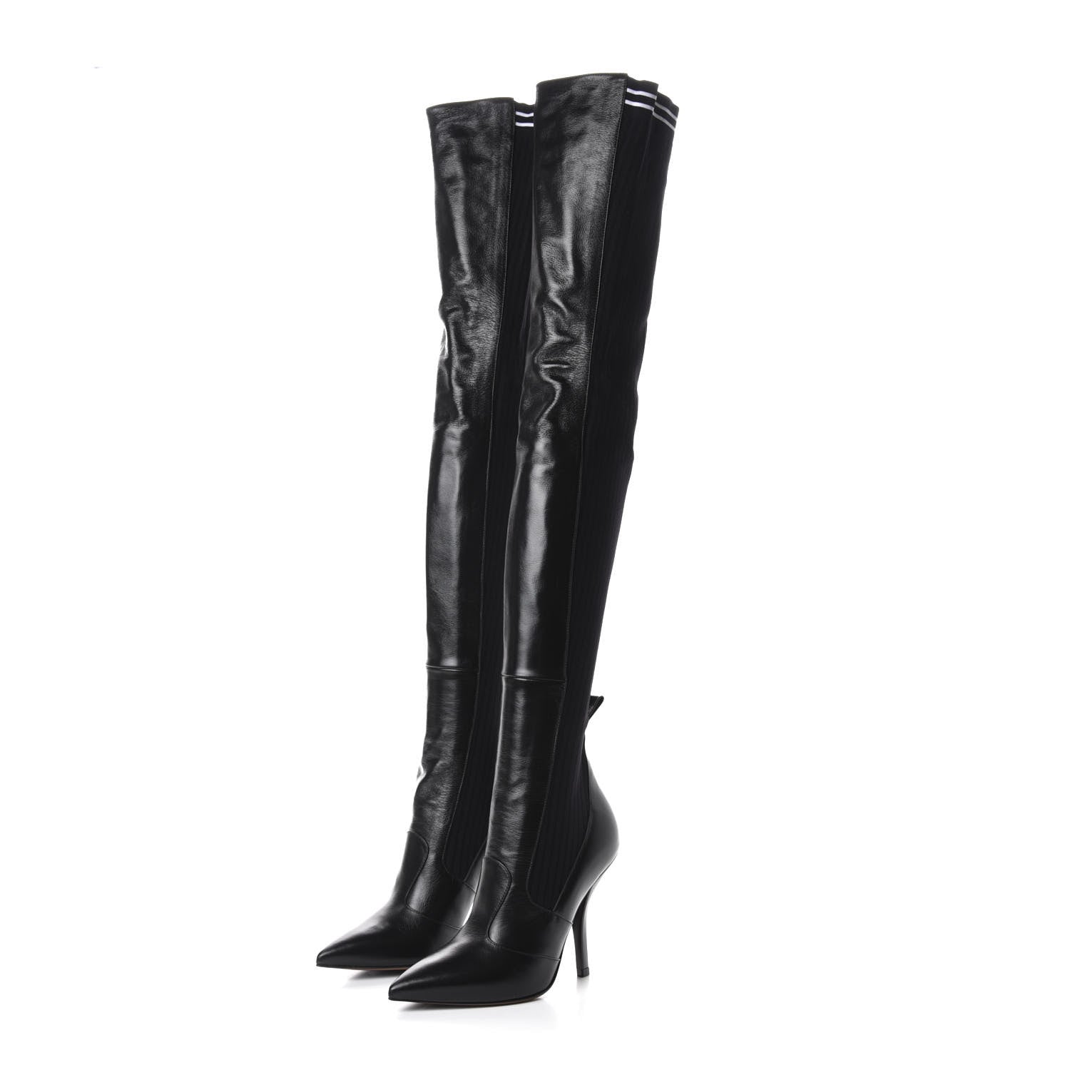 Fendi Vitello Lucido Stretch Fabric Striped Rockoko Thigh High 105mm Sock Boots 38.5 Black 3 of 7