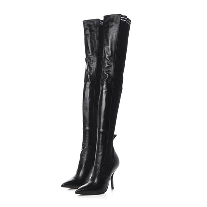 Fendi Vitello Lucido Stretch Fabric Striped Rockoko Thigh High 105mm Sock Boots 38.5 Black 3 of 7
