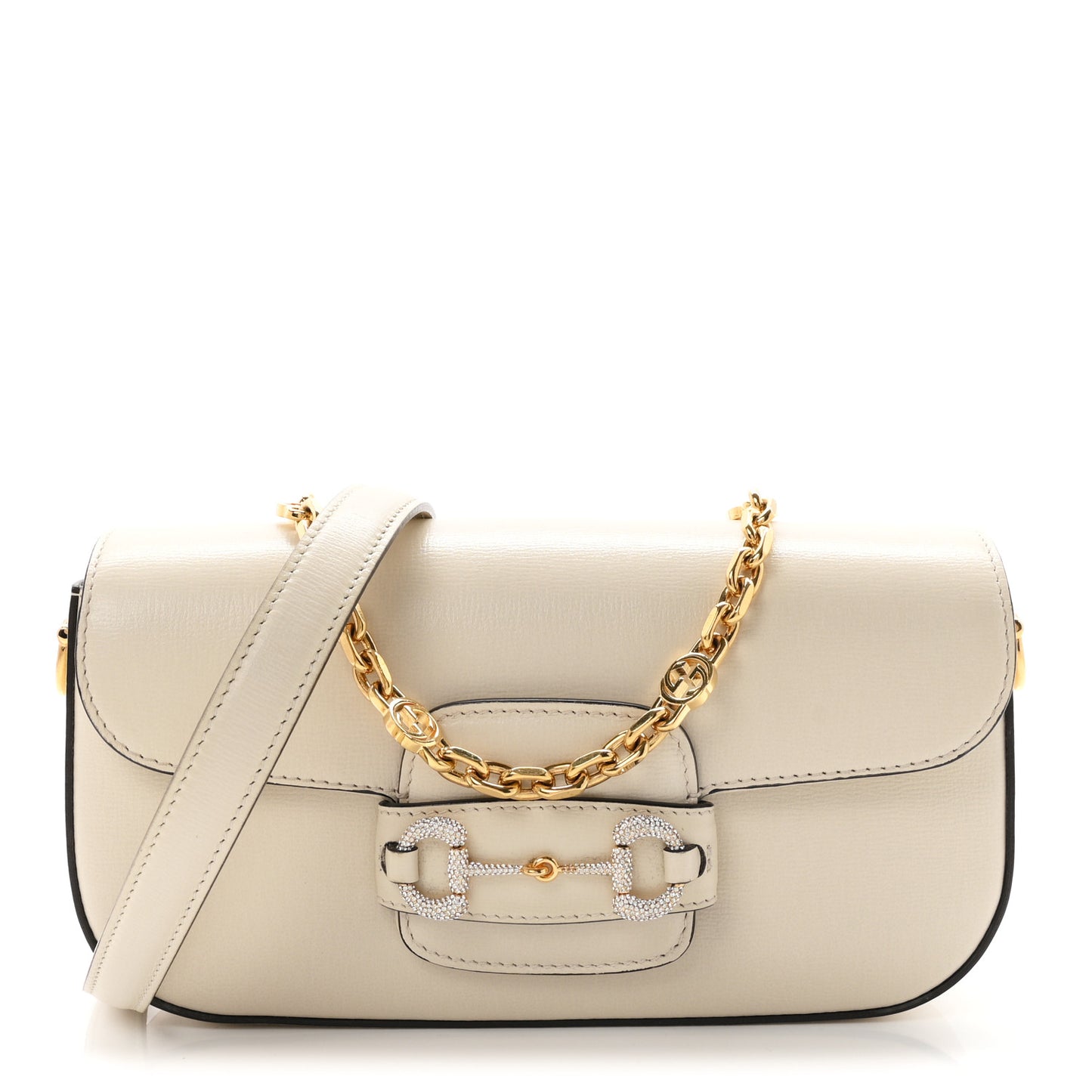 Azalea Calfskin Crystal Small Horsebit 1955 Chain Shoulder Bag White