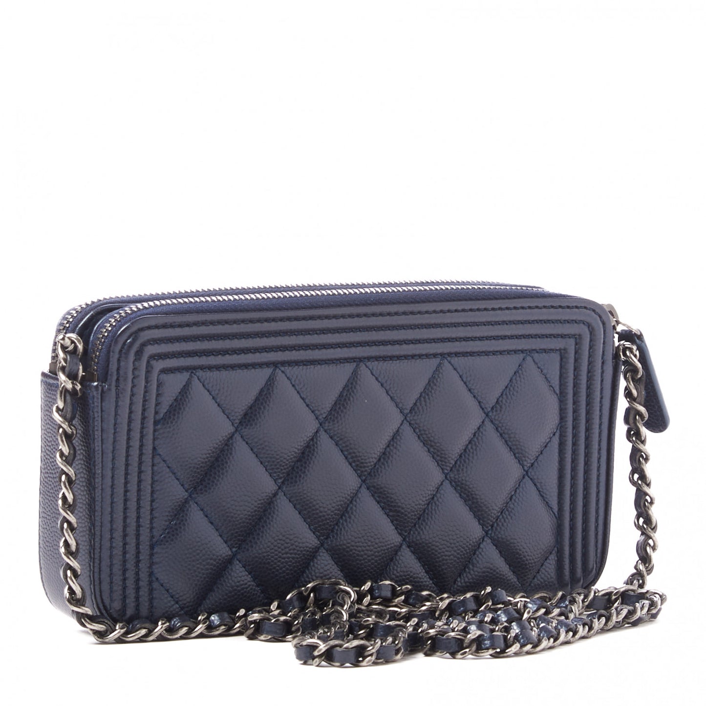 Metallic Caviar Quilted Small Boy Clutch With Chain Navy