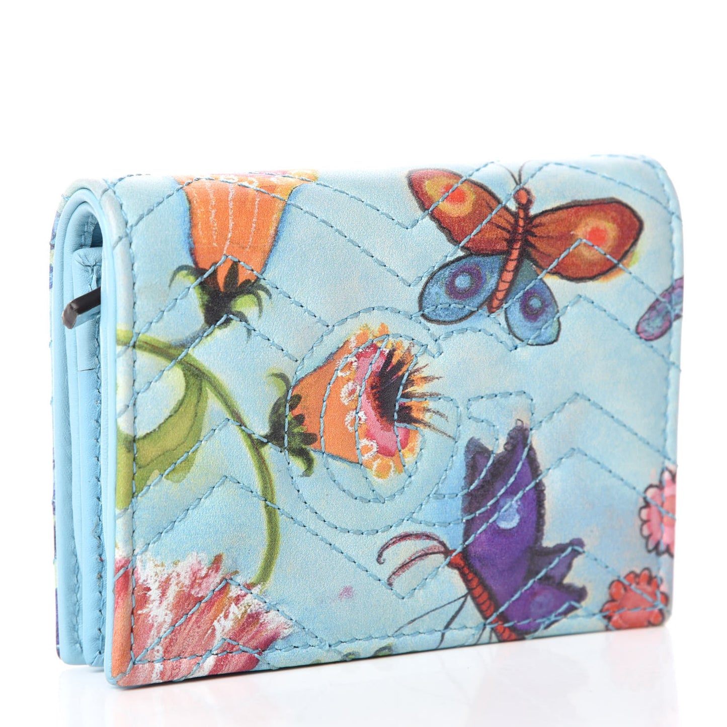 X UNSKILLED WORKER Calfskin Matelasse Flora Painted GG Marmont Card Case Wallet Cloudy Blue Multicolor