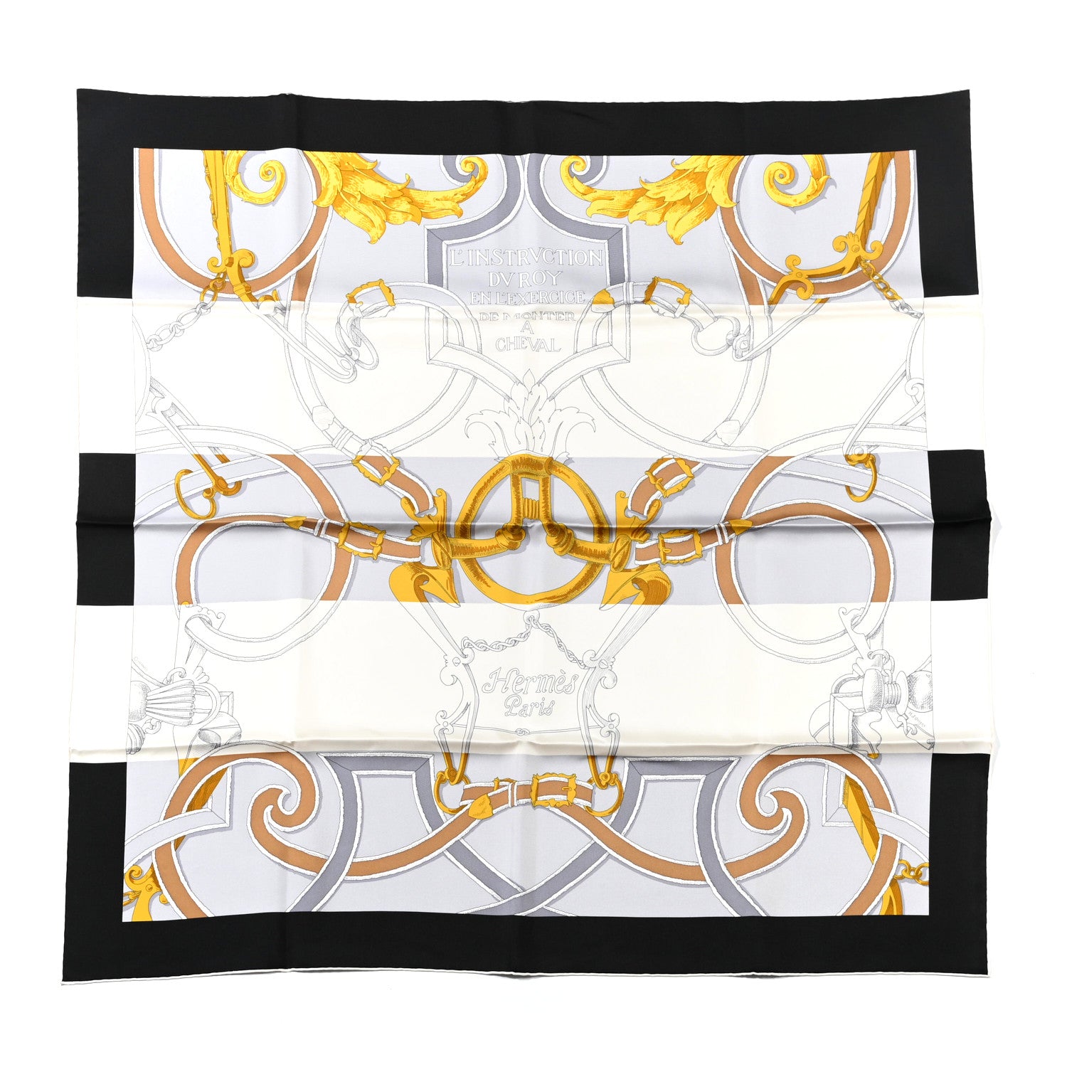 Hermes Silk L Instruction Du Roy Scarf 90 Black Gris Or 1 of 6