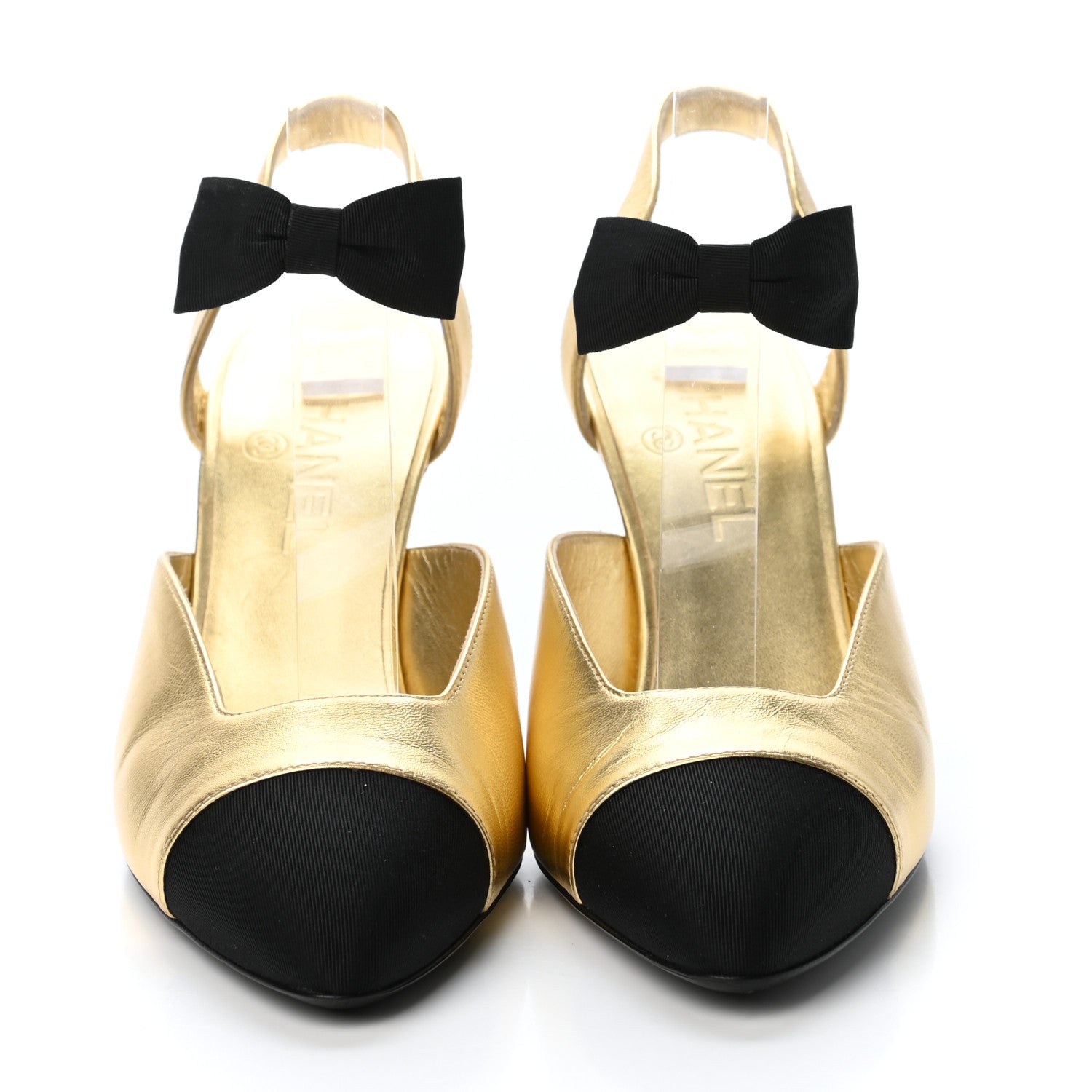 Chanel Laminated Lambskin Grosgrain Cap Toe CC Pumps 39 Gold Black 2 of 4