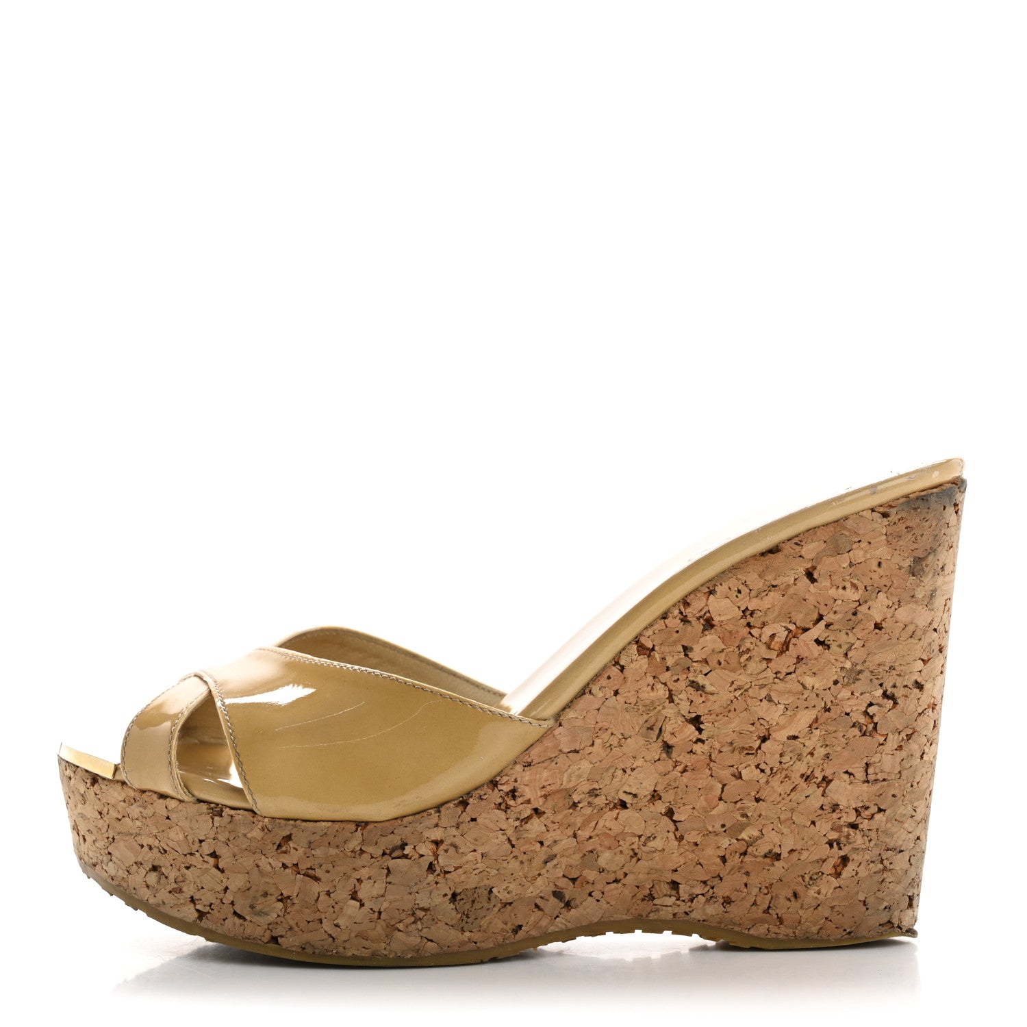 Jimmy Choo Patent Calfskin Perfume Cork Wedge Sandals 38 Nude 1 of 14