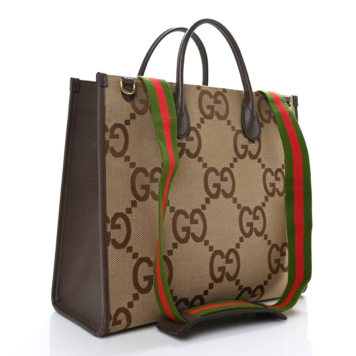 Gucci Monogram Jumbo GG Textured Dollar Calfskin Web Tote Bag Camel Ebony New Acero 2 of 9