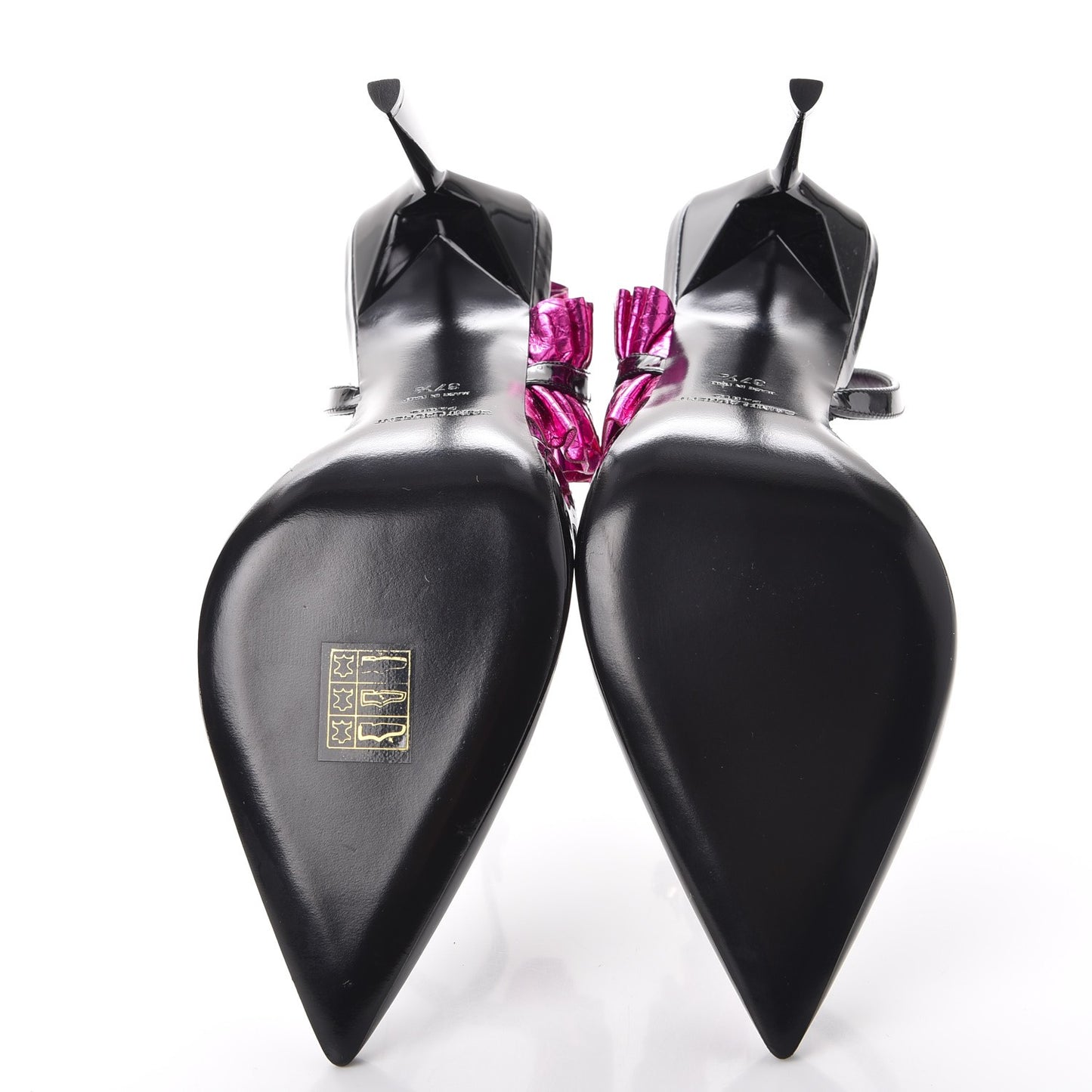 Patent Calfskin Ayers Edie 110 Leaf Slingback Pumps 37.5 Black Fuschia