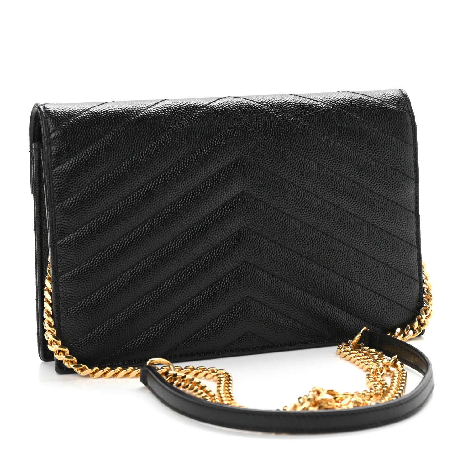 Saint Laurent Grain De Poudre Matelasse Chevron Monogram Envelope Chain Wallet Black 3 of 11