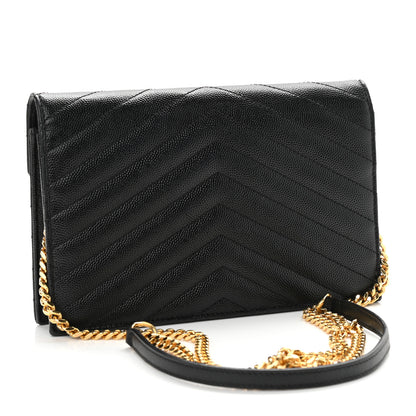 Saint Laurent Grain De Poudre Matelasse Chevron Monogram Envelope Chain Wallet Black 3 of 11