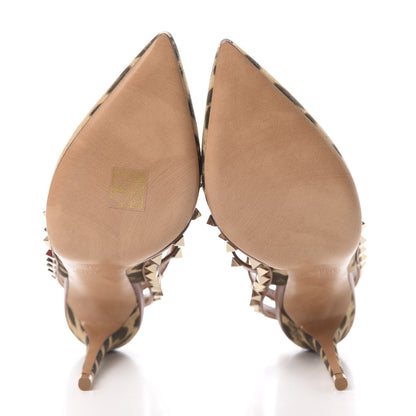 Valentino Garavani Canvas Leopard Print Rockstud Ankle Strap Pumps 37 Tan 5 of 8