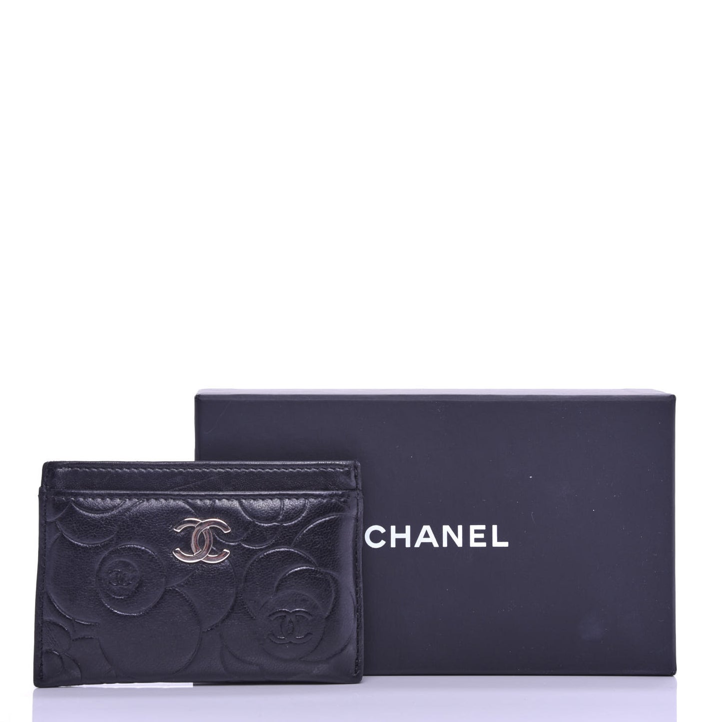 Lambskin Camellia Embossed Card Holder Black