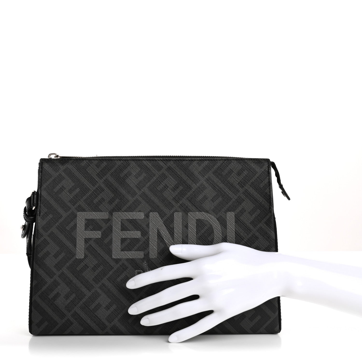 Fendi Shiny Glazed Fabric Vitello Cover FF 1974 Logo Clutch Black 2 of 13