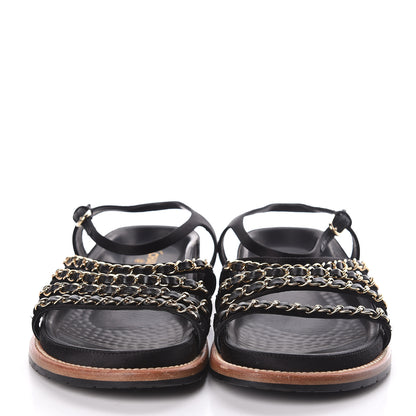 Chanel Satin Chain Flat Sandals 38.5 Black 2 of 7