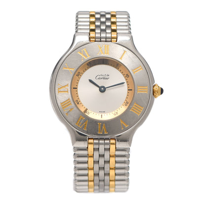 Cartier Stainless Steel 18K Yellow Gold 31mm Must De 21 Bullet Link Quartz Watch 1 of 5