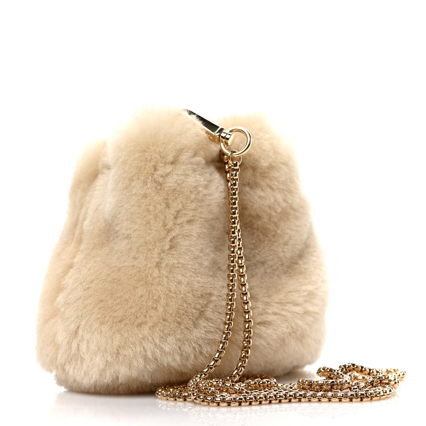 Shearling Metal Triangle Logo Mini Drawcord Pouch Shoulder Bag Ecru