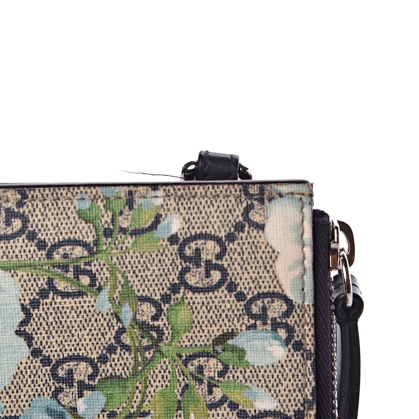 GG Supreme Monogram Blooms Small Zip Wristlet Pouch Beige Blue Black