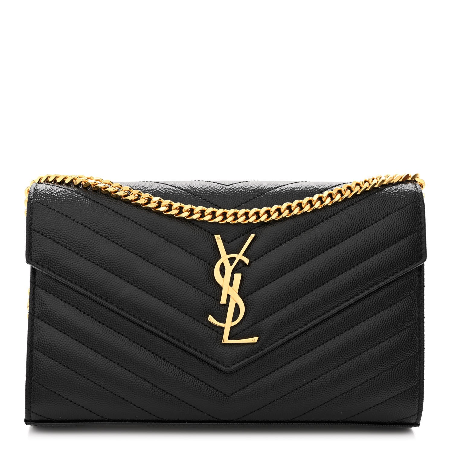 Saint Laurent Grain De Poudre Matelasse Chevron Monogram Chain Wallet Black 1 of 10