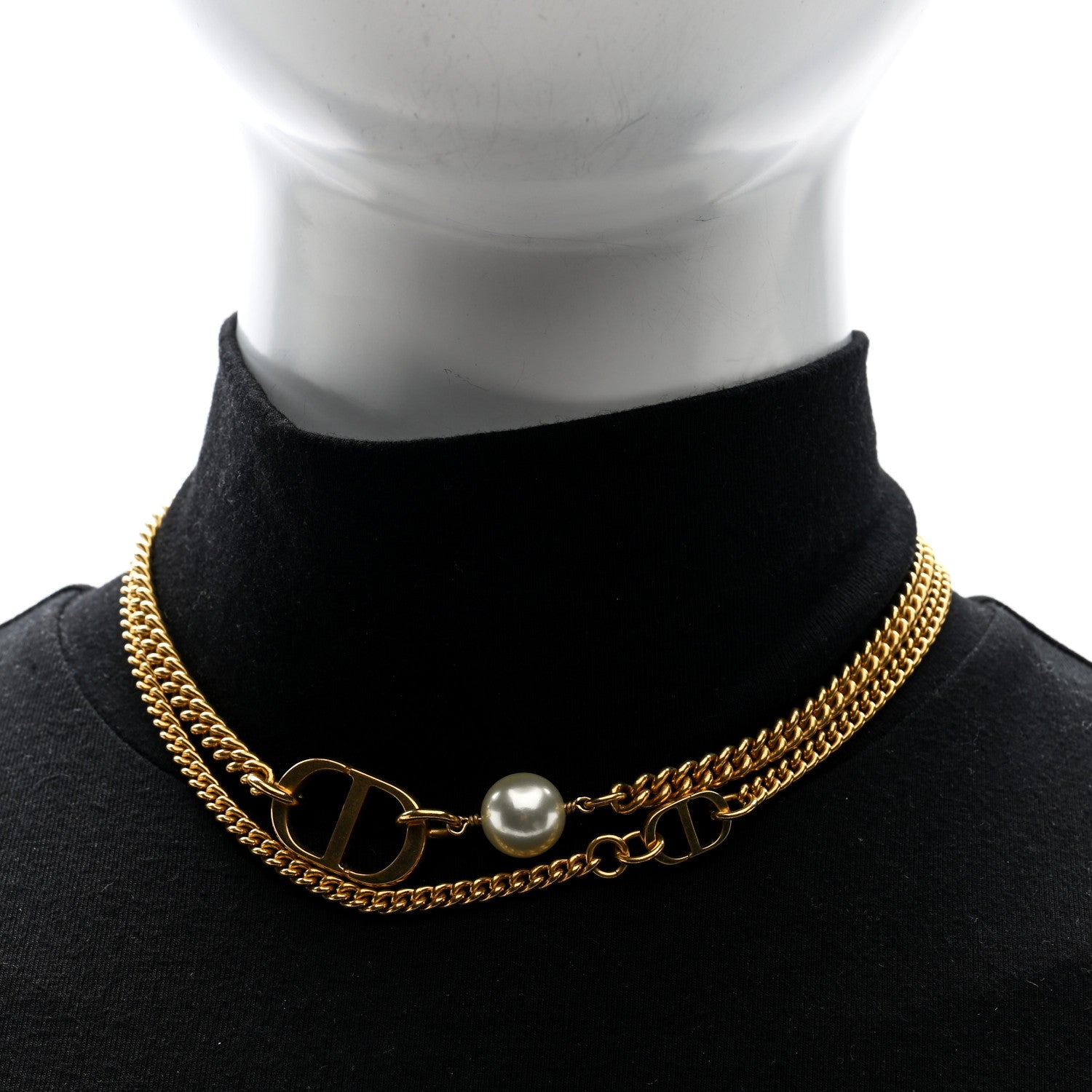 Christian Dior Metal Crystal Pearl CD Necklace Gold 2 of 4