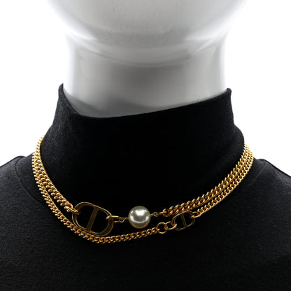 Christian Dior Metal Crystal Pearl CD Necklace Gold 2 of 4