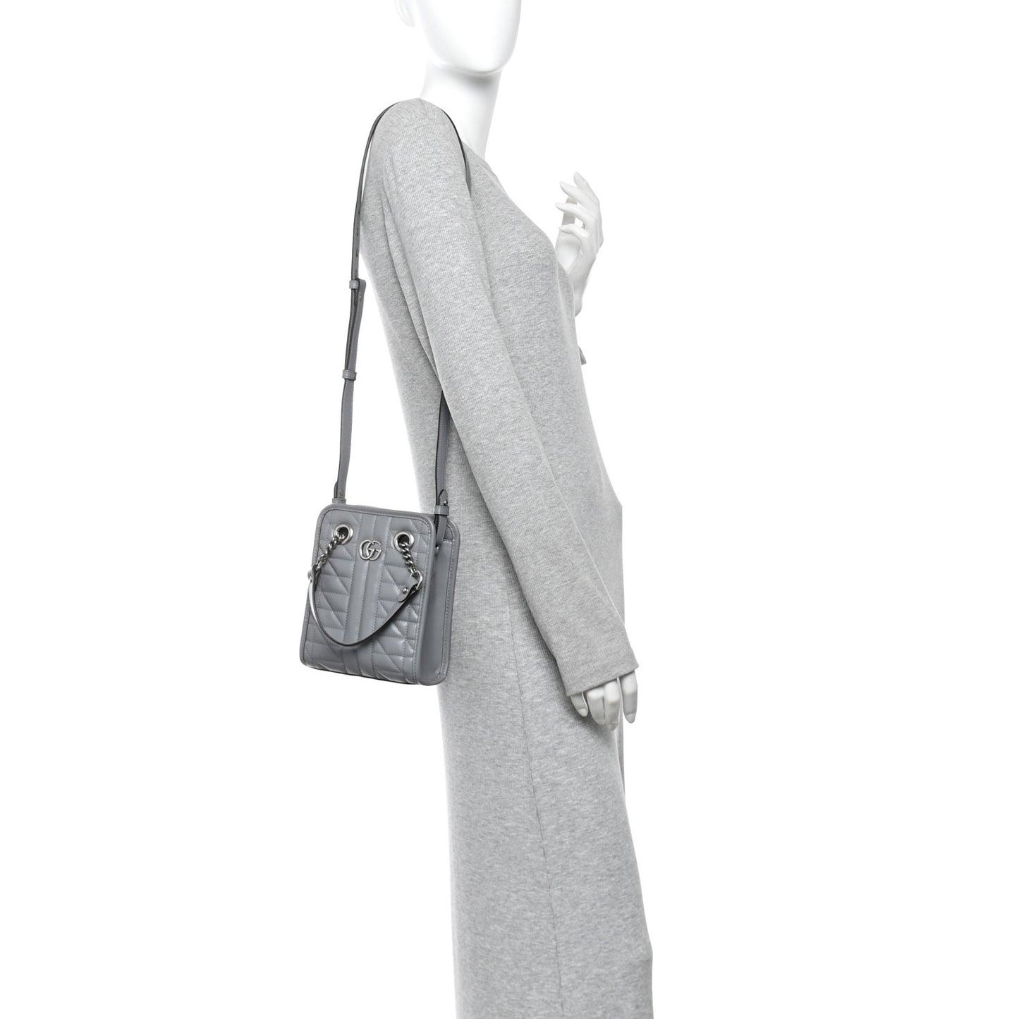 Calfskin Matelasse Chevron Mini GG Marmont Tote Grey