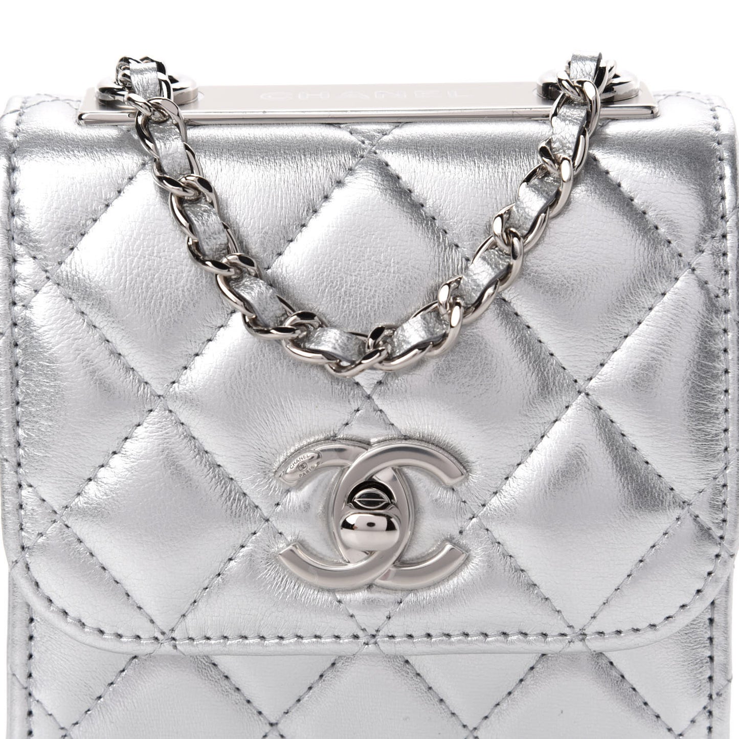 Metallic Lambskin Quilted Mini Trendy CC Clutch With Chain Silver