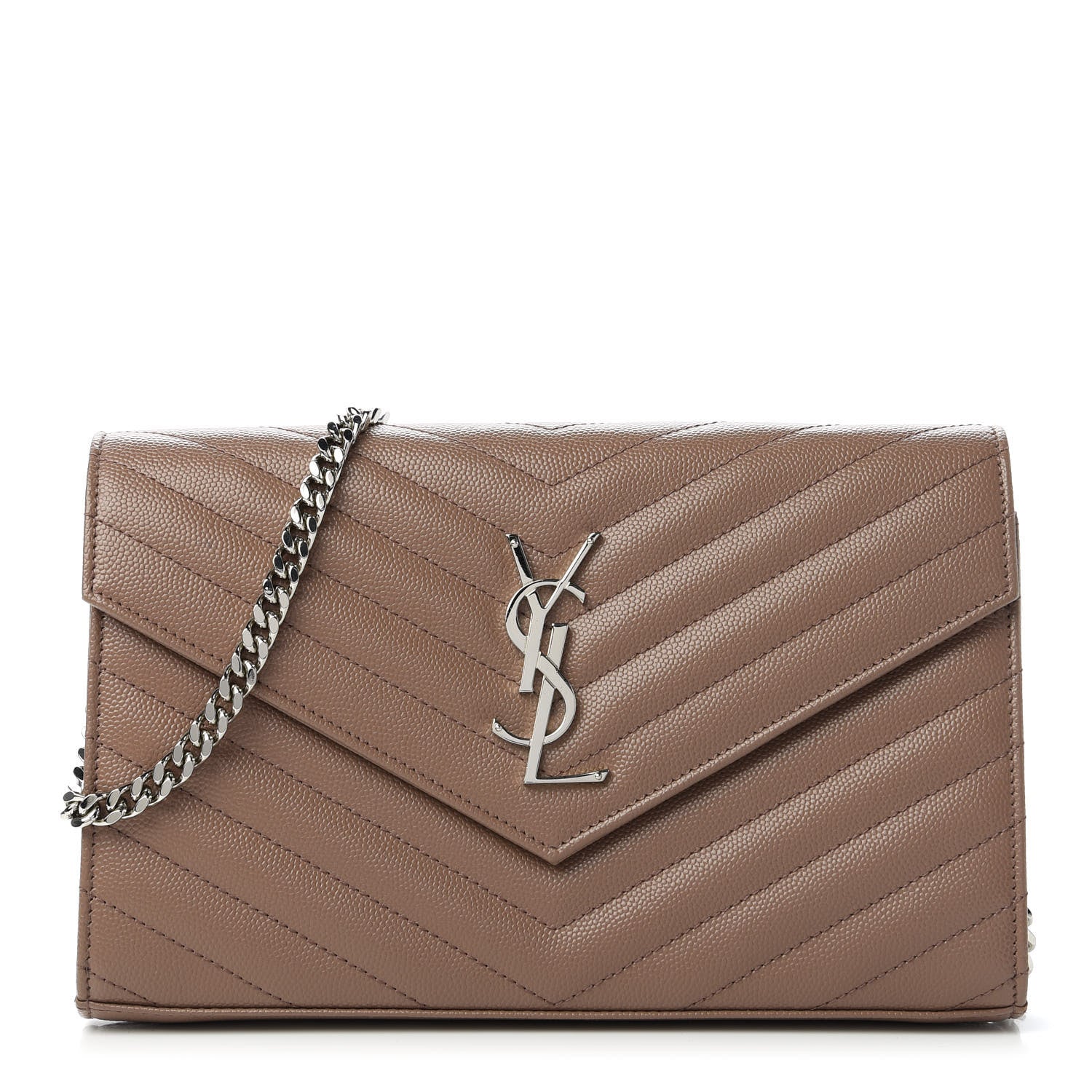 Saint Laurent Grain De Poudre Matelasse Chevron Monogram Chain Wallet Taupe 1 of 11