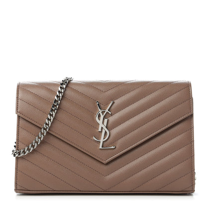 Saint Laurent Grain De Poudre Matelasse Chevron Monogram Chain Wallet Taupe 1 of 11
