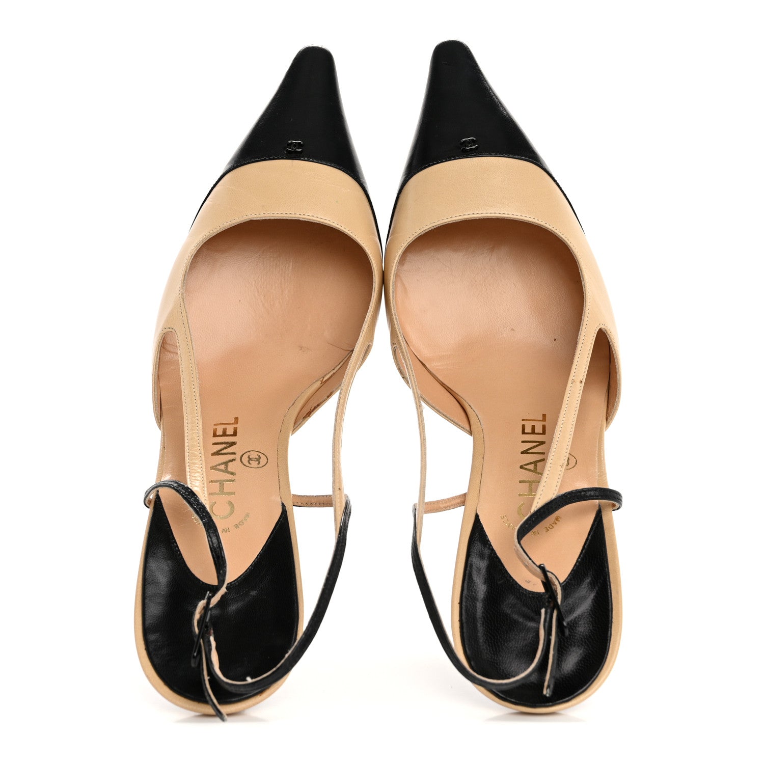 CHANEL ベージュと黒のレザー ミュール 37.5 C / 24CM Chanel Lambskin Grosgrain Cap Toe CC Slingback Pumps 37.5