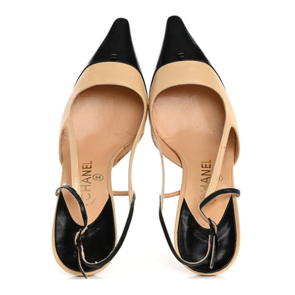 Chanel Lambskin Pointed Cap Toe CC Slingback Heels 39 Beige Black 2 of 14