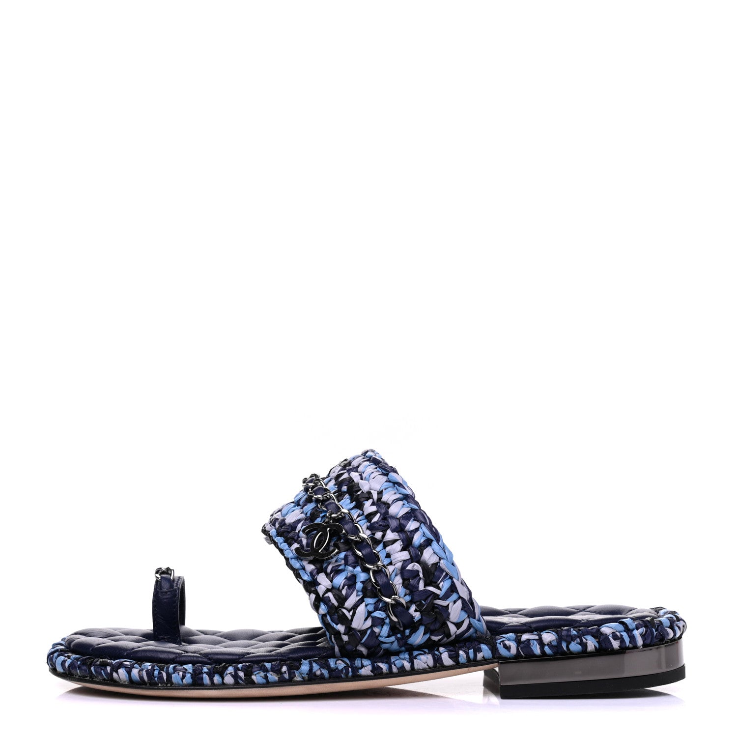 Chanel Lambskin Raffia Chain Flat Sandals 36 Blue Black 1 of 13