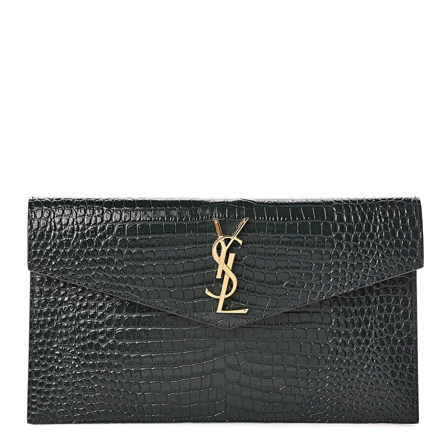 Calfskin Crocodile Embossed Uptown Monogram Clutch Dark Mint