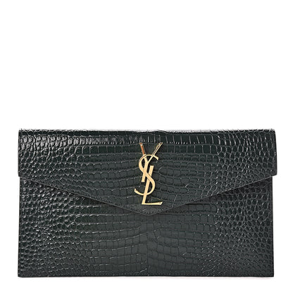 Saint Laurent Calfskin Crocodile Embossed Uptown Monogram Clutch Dark Mint 1 of 7