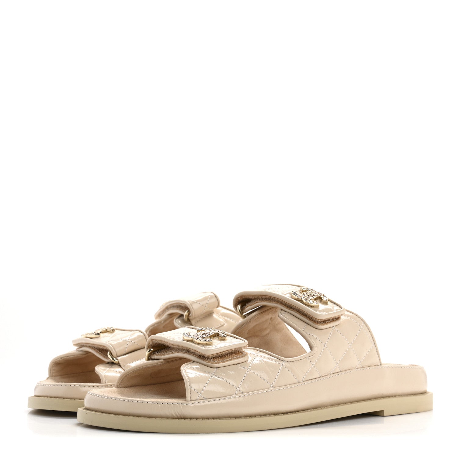 Chanel Shiny Calfskin Quilted Velcro Dad Crystal CC Slide Sandals 39.5 Beige 4 of 9