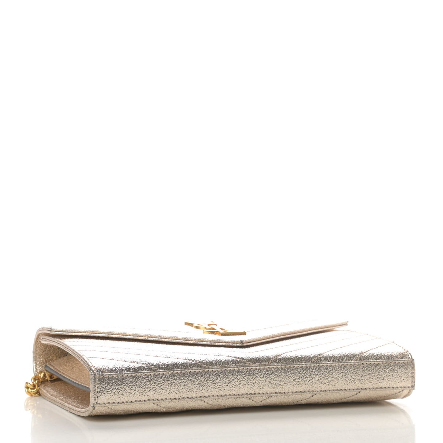 Metallic Crackled Calfskin Matelasse Chevron Monogram Chain Wallet Gold